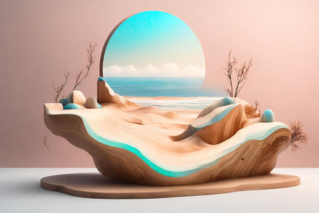 Beautiful stone podium for product presentation and advertising with sea in mirror, AI Generatedの素材