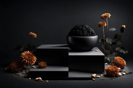 Black podium for product presentation with dried flowers on black background, AI Generatedの素材