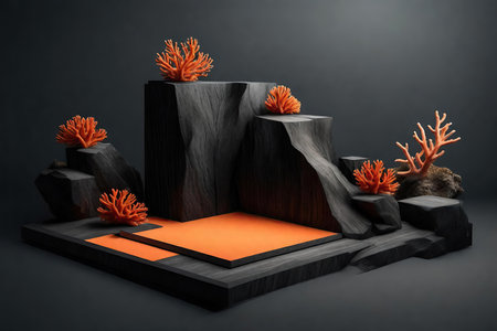 Black rock podium for product presentation with orange corals, AI Generatedの素材