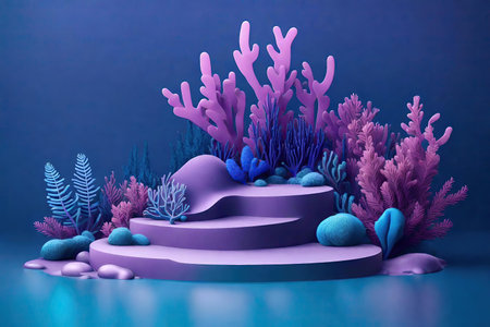 Product podium with corals on background purple colour, AI Generatedの素材