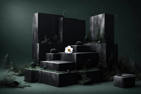 Black stone podium for product with plants and flowers in dark room, AI Generatedの素材