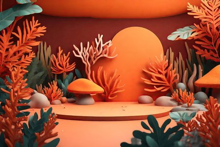 Orange podium and coral reef composition, AI Generatedの素材