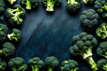 Fresh green broccoli on a dark blue background, top view, copy spaceの素材