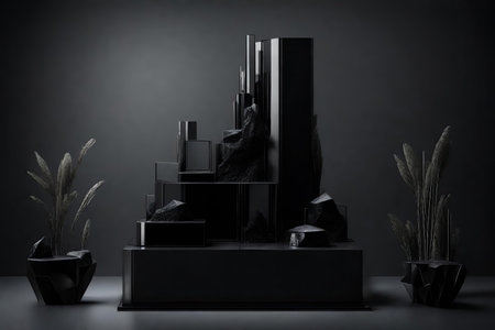 Abstract black obsidian podium for product presentation, AI Generatedの素材