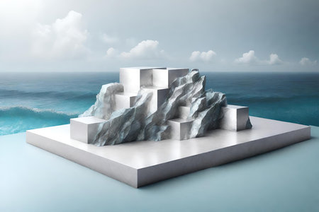 Silver rock podium on the beach, AI Generatedの素材