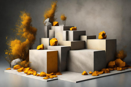 Gray concrete podium with yellow rocks, AI Generatedの素材