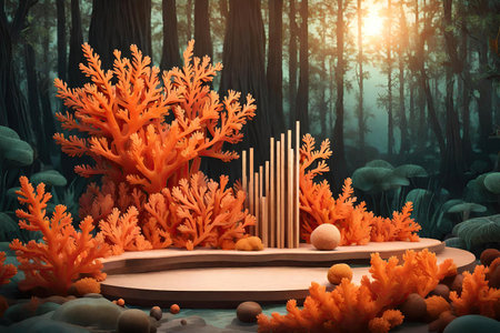 Forest with orange corals and a podium, AI Generatedの素材
