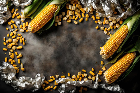Fresh corn on cob and crumpled foil paper on black background, AI Generatedの素材