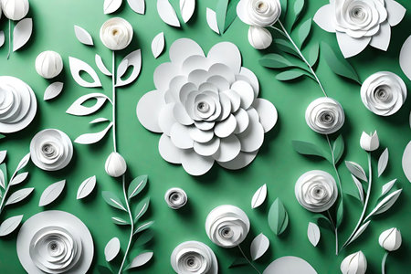 Paper flowers and leaves on green background, top view. Floral pattern, AI Generatedの素材