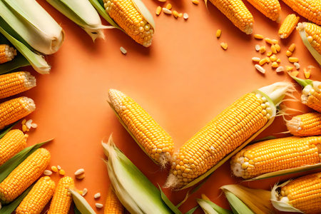 Frame made of fresh corn cobs on color background, top view. AI Generatedの素材