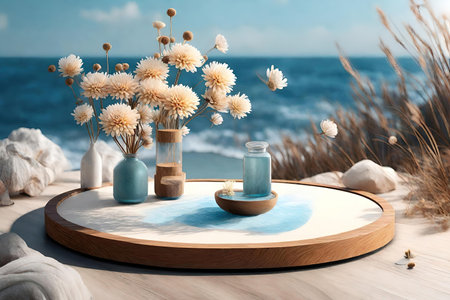 Podium for spa product, composition with sea and sand on wooden table, AI Generatedの素材