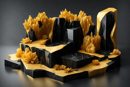 Black marble pedestal with golden rock on black background, AI Generatedの素材