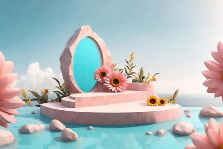 Podium for product display with pink flowers and blue sky, AI Generatedの素材