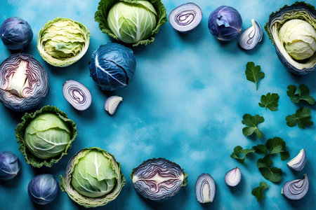 Assorted fresh green and purple cabbage on blue background. Top view, AI Generatedの素材