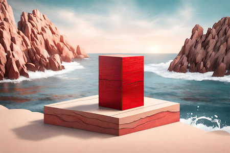 Red podium on the beach at sunset time, AI Generatedの素材