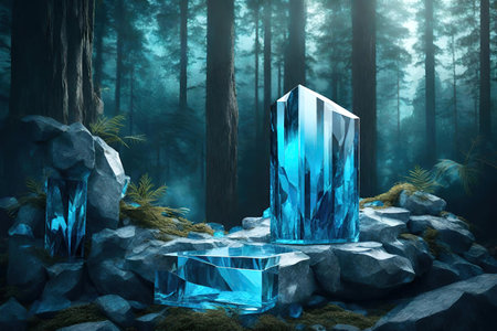 Fantasy landscape with blue crystal podium in the forest, AI Generatedの素材
