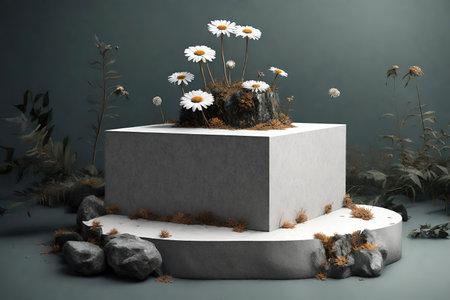 White stone podium with daisies on gray background, AI Generatedの素材