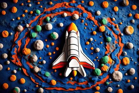 Plasticine space rocket with planets and stars on a blue background, AI Generatedの素材