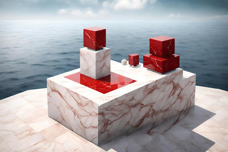 Red and white marble podium on the seashore, AI Generatedの素材