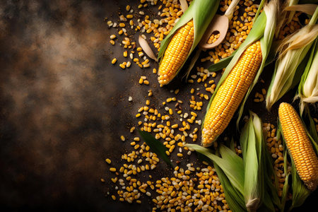 Fresh corn on the cob on rustic background. Top view with copy space. AI Generatedの素材