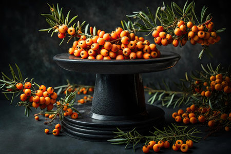 Bunch of sea buckthorn berries with leaves on black background, AI Generatedの素材