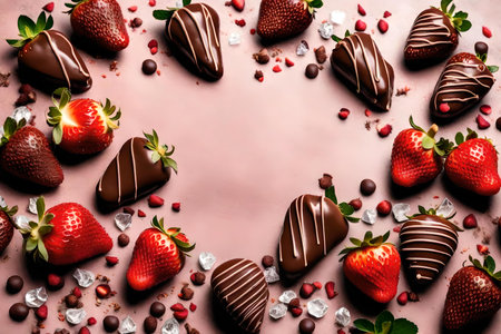 Chocolate covered strawberries on pink background. Top view, AI Generatedの素材