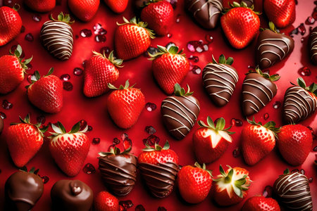 Chocolate covered strawberries on a red background, close-up, AI Generatedの素材