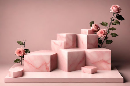 Pink marble podiums with rose flowers and leaves, AI Generatedの素材