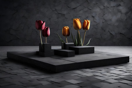 Tulips on black stone platform, AI Generatedの素材