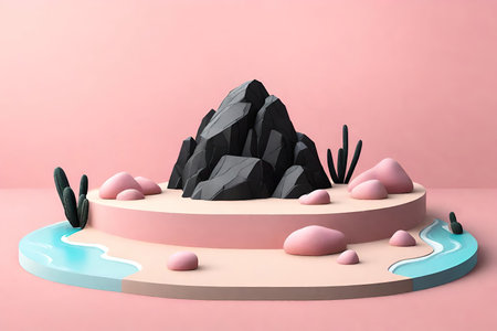Podium for product display with black stones on pastel pink background, AI Generatedの素材
