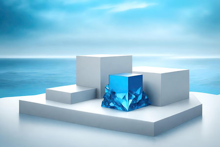 Blue cube and crystal podium on the sea background, AI Generatedの素材