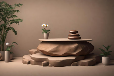 Podium with brown stones and plants in the room, AI Generatedの素材