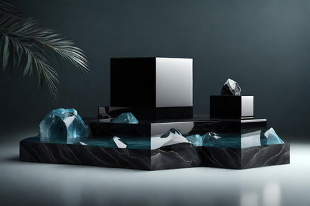 Black obsidian and white marble pedestal with geometric shapes, AI Generatedの素材