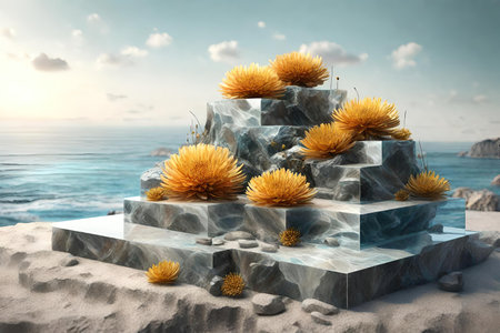 Marble stone podium with dandelions on the beach, AI Generatedの素材