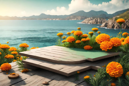 Wooden podium with marigold flowers on the sea background, AI Generatedの素材