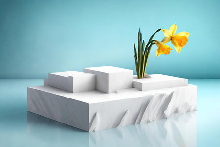 White stone podium with daffodils on blue background, AI Generatedの素材