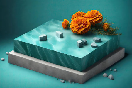 Marigold flowers on turquoise marble background, AI Generatedの素材