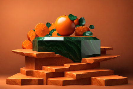 Orange fruit and leaves on a podium. Minimal composition, AI Generatedの素材