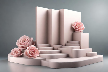 Stone podium for product display with pink roses on gray background, AI Generatedの素材