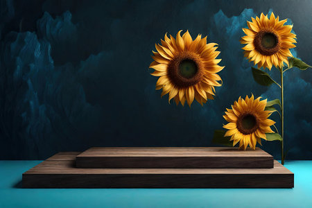 Wooden podium with sunflowers on blue background, AI Generatedの素材