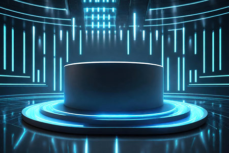 Futuristic round podium illuminated by neon lights on blue background, AI Generatedの素材