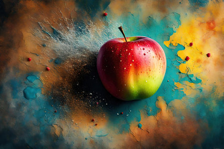 Red apple on a blue and yellow background with splashes of paint, AI Generatedの素材