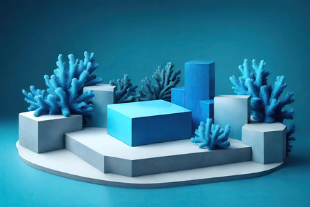 Blue podium for product display with blue coral decoration, AI Generatedの素材