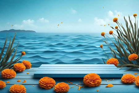 Wooden table on the sea and flowers, AI Generatedの素材