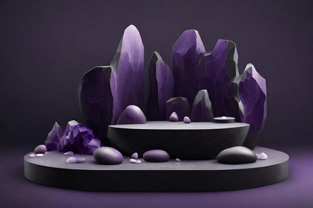 Composition with black and purple marble podiums on a dark background, AI Generatedの素材