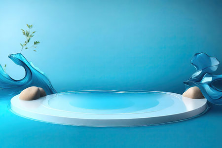 Minimal scene with blue waves, podium for product display, AI Generatedの素材
