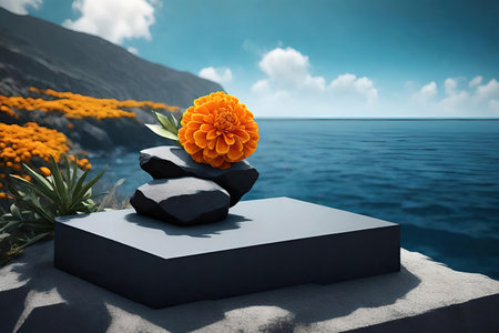 Black stones and orange flower on the blue sea background, AI Generatedの素材