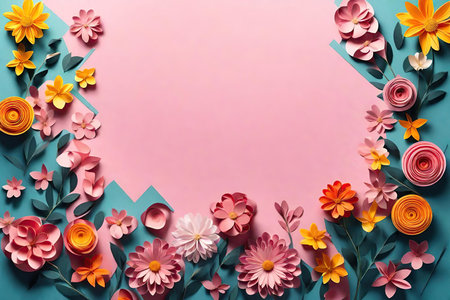 Paper art style flowers composition. Frame made of paper flowers on pastel pink background. Flat lay, top view, copy space, AI Generatedの素材