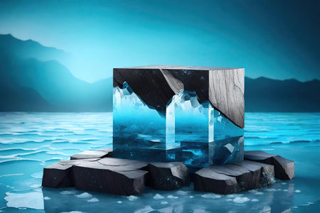 Tinted glass and black rock podium, water with mountains in the background, AI Generatedの素材