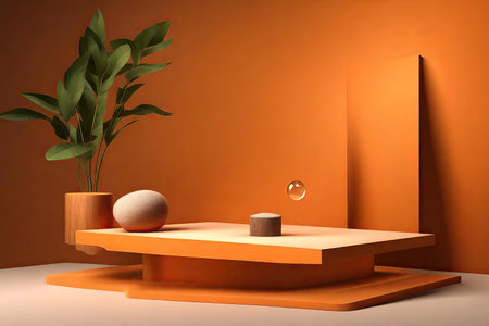 Podium for product presentation orange background and stone, AI Generatedの素材